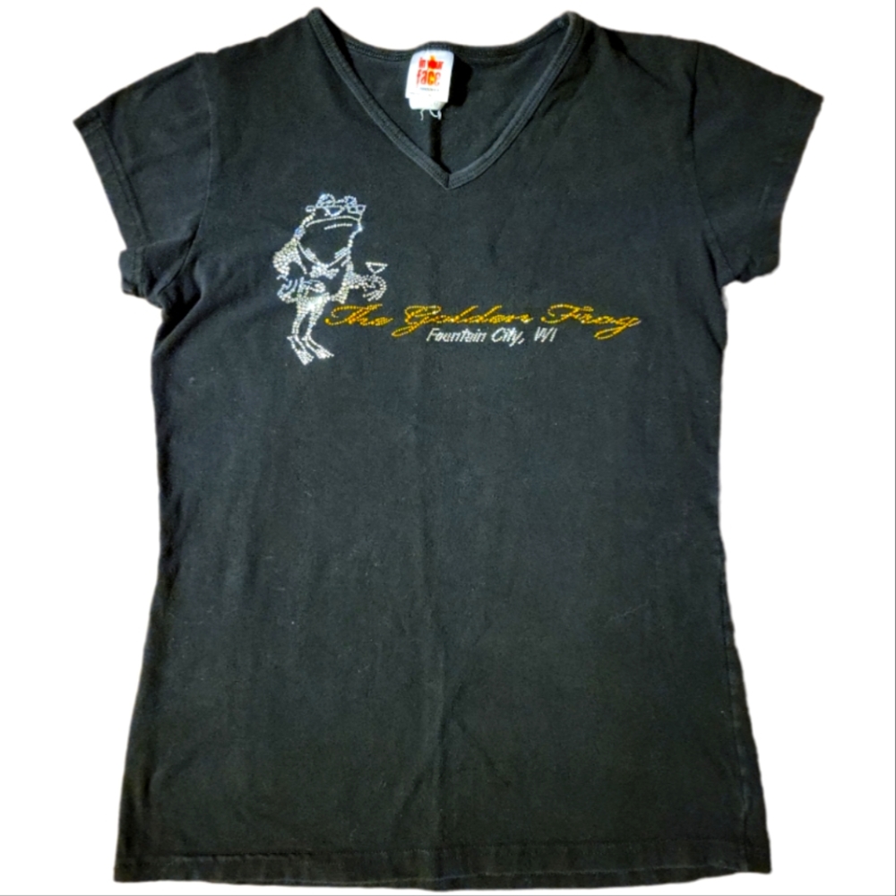 Vtg Golden Frog Fountain City Wisconsin Black T-Shirt Martini Glitter Studs
